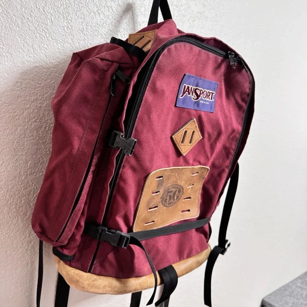 Vtg JANSPORT x REI Backpack Burgundy 50 Yr Anniversary Leather Bottom Hiking 80s